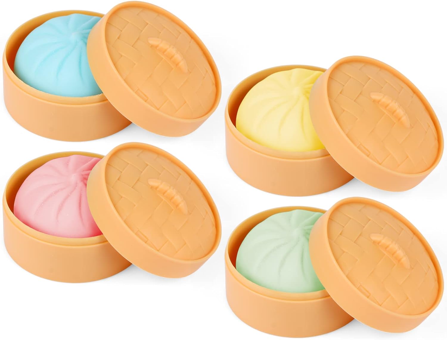 MEIEST 4 PCS Colorful Dumpling Squishy Stress Balls Fidget Sensory Toy,Squeeze Dough Ball Stress Relief Hand Toy,Anti-Anxiety Bun with Food Steamer Stretchy Desk Toys 4 Dumpling 1.6 inches