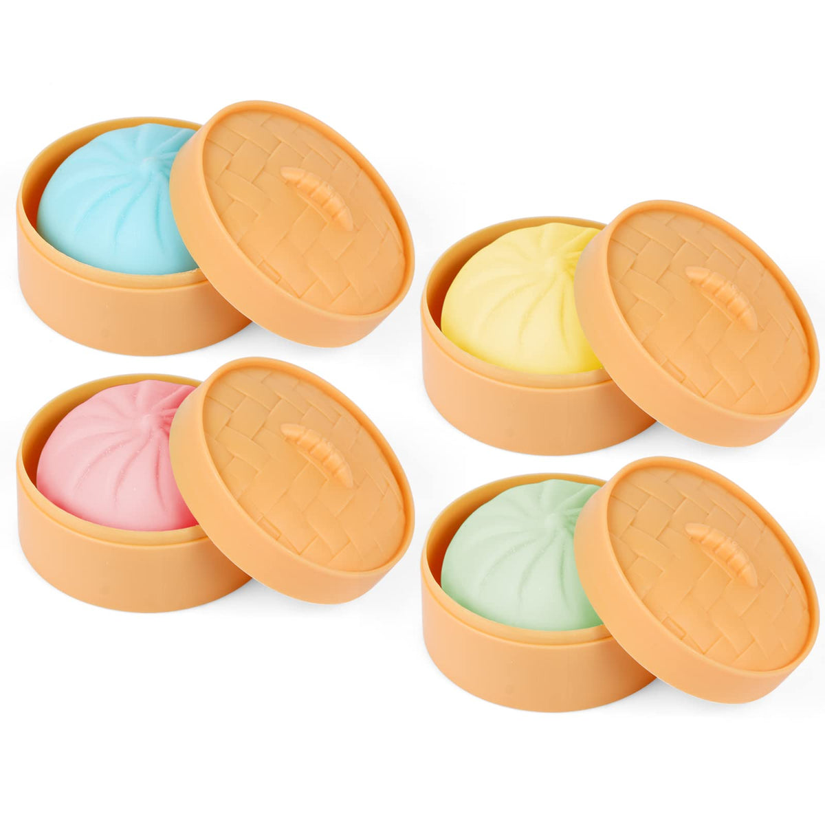 MEIEST 4 PCS Colorful Dumpling Squishy Stress Balls Fidget Sensory Toy,Squeeze Dough Ball Stress Relief Hand Toy,Anti-Anxiety Bun with Food Steamer Stretchy Desk Toys 4 Dumpling 1.6 inches