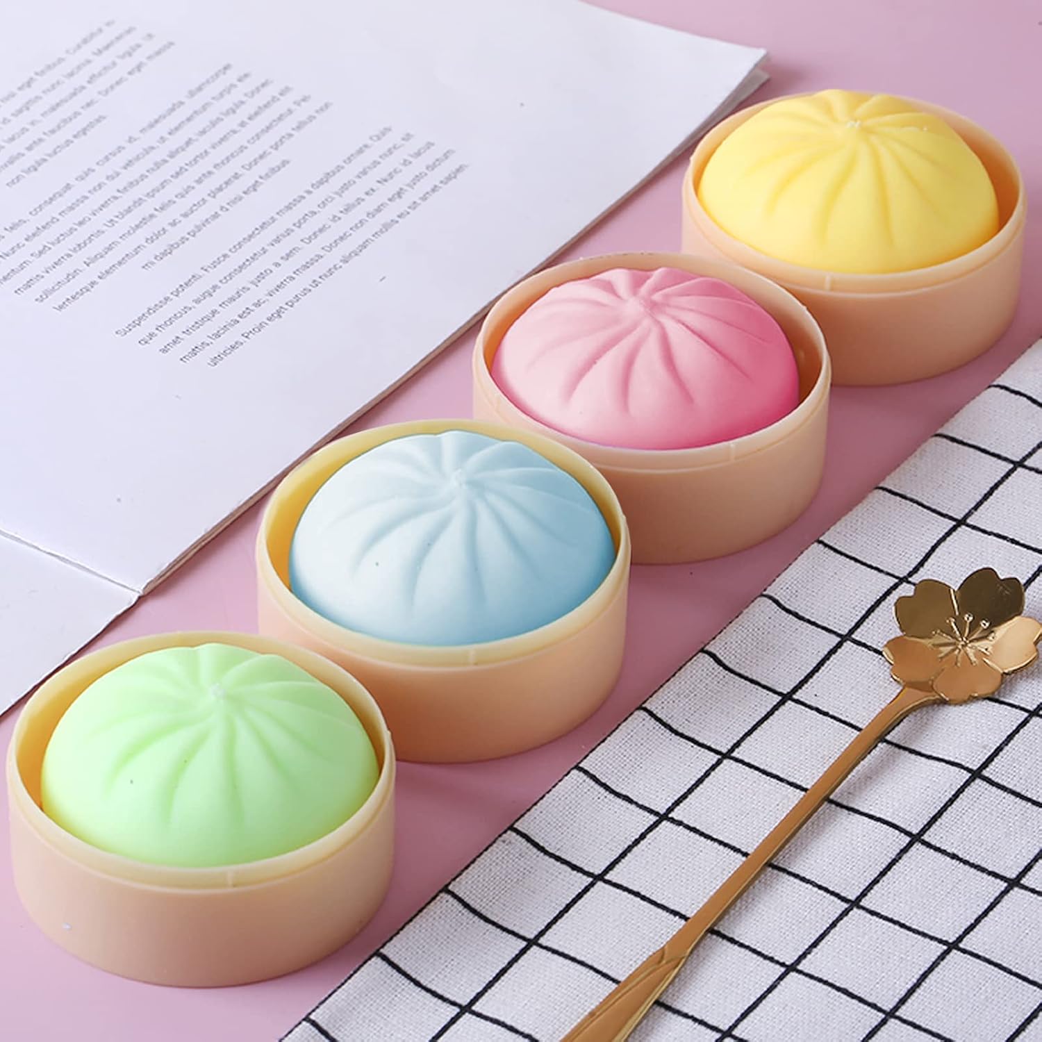 MEIEST 4 PCS Colorful Dumpling Squishy Stress Balls Fidget Sensory Toy,Squeeze Dough Ball Stress Relief Hand Toy,Anti-Anxiety Bun with Food Steamer Stretchy Desk Toys 4 Dumpling 1.6 inches